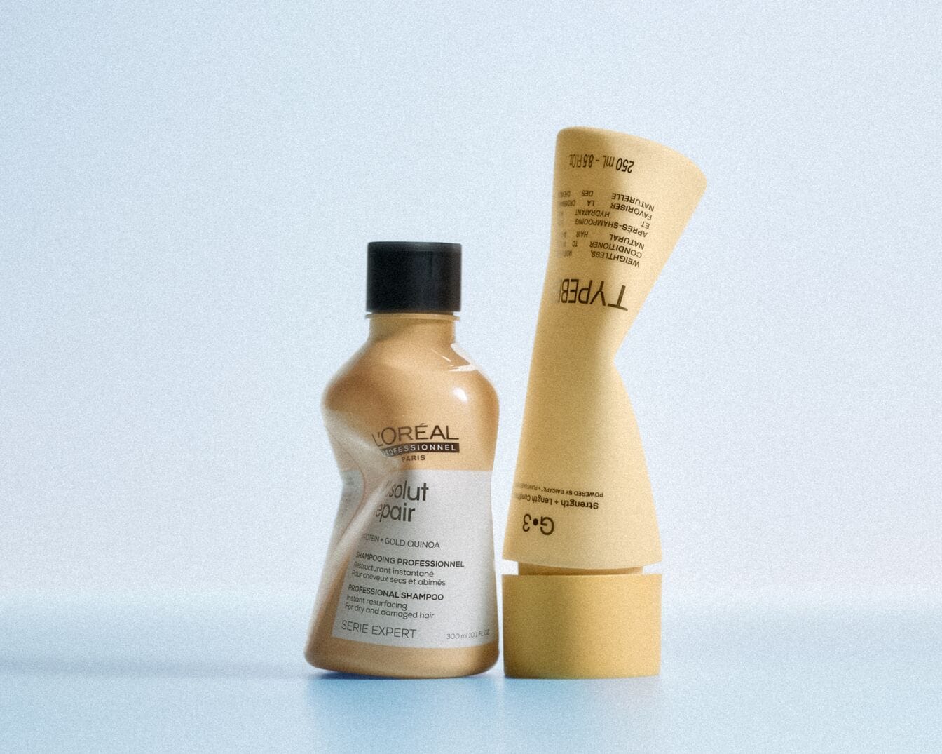 L&rsquo;OR&Eacute;AL PROFESSIONNEL PARIS Absolut Repair Shampoo &scaron;ampoon kollases musta korgiga pudelis ja TYPEBEA juuksepalsam kollases tuubis kuivadele ja kahjustunud juustele.